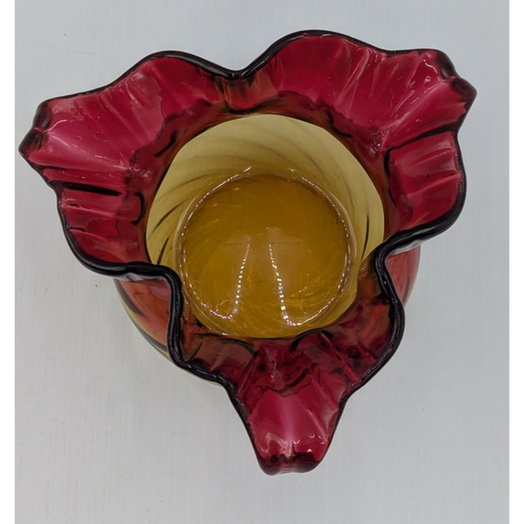 Vintage Red and Amber Amberina Optic Swirl Ruffle Top Vase Bowl - Picture 8 of 14